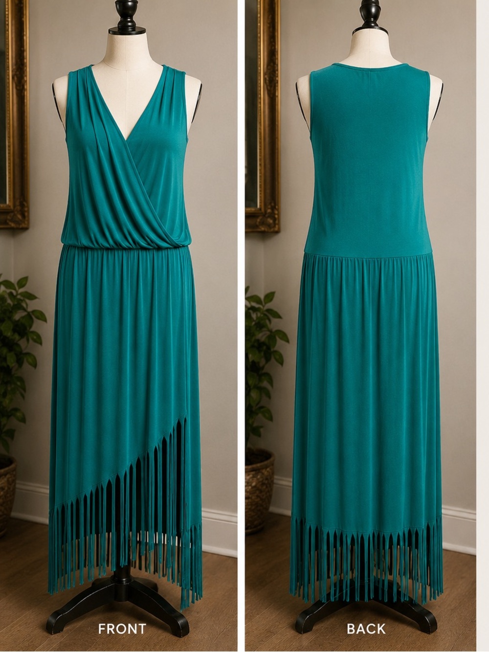 Boston Proper Teal Sleeveless Fringe Maxi Dress with Surplice V-neck
